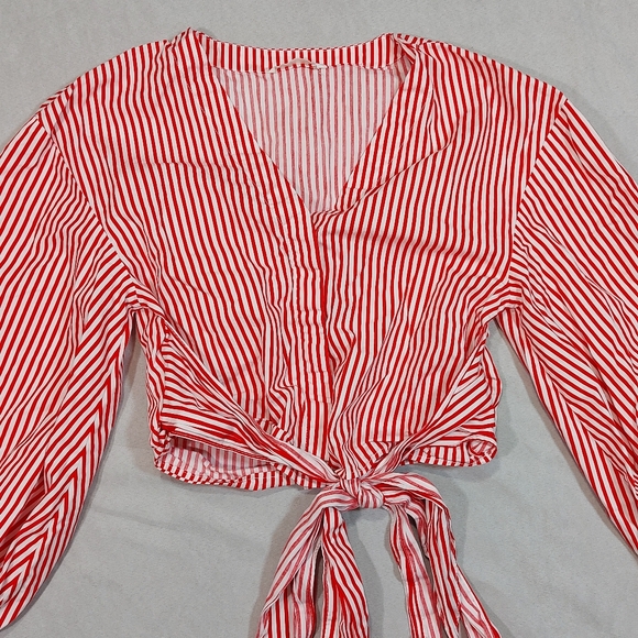 H&M Candy Stripe Red  White Cotton Tie Up Long Sleeve Blouse Top, Medium - Picture 5 of 14